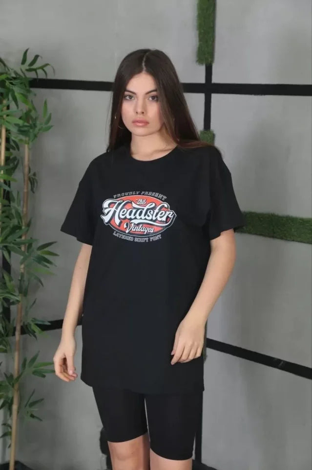 Unisex Baskılı Oversize T-Shirt - Siyah (101312)