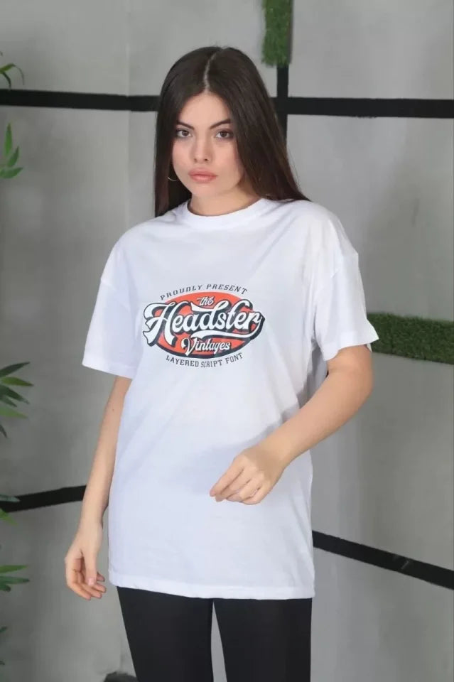 Unisex Baskılı Oversize T-Shirt - Beyaz (101313)