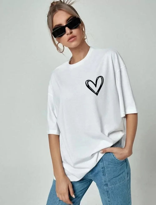 Bisiklet Yaka Baskılı Oversize T-Shirt - Beyaz (101466)
