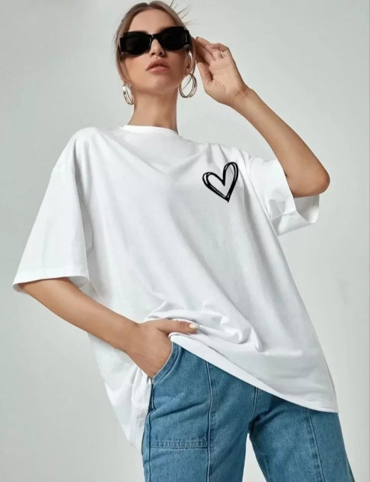 Bisiklet Yaka Baskılı Oversize T-Shirt - Beyaz (101466)