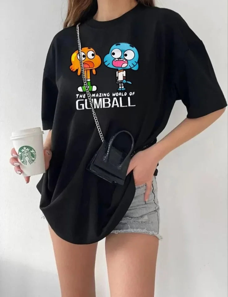 Bisiklet Yaka Baskılı Oversize T-Shirt - Siyah (101467)