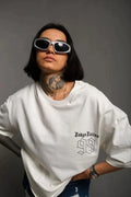 Unisex Bisiklet Yaka Baskılı Oversize T-Shirt - Beyaz (102302)