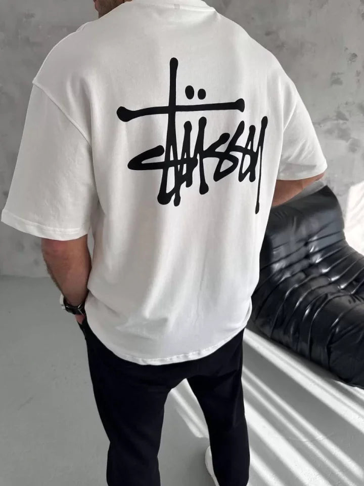 Unisex Bisiklet Yaka Baskılı Oversize T-Shirt - Beyaz (102328)