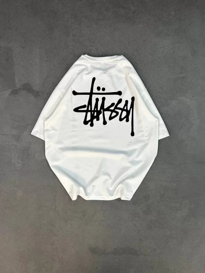 Unisex Bisiklet Yaka Baskılı Oversize T-Shirt - Beyaz (102328)