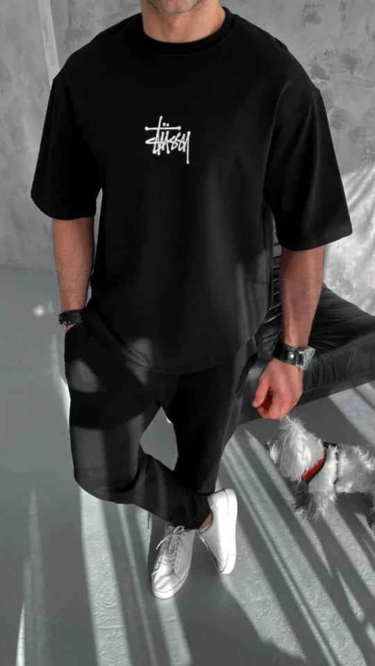 Unisex Bisiklet Yaka Baskılı Oversize T-Shirt - Siyah (102329)