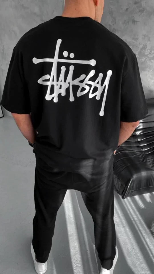 Unisex Bisiklet Yaka Baskılı Oversize T-Shirt - Siyah (102329)