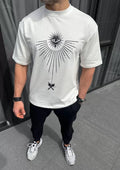 Unisex Bisiklet Yaka Baskılı Oversize T-Shirt - Beyaz (102330)