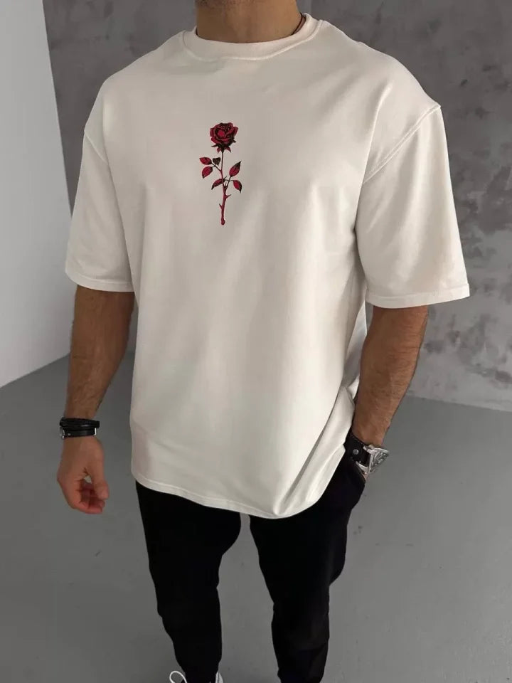 Unisex Bisiklet Yaka Baskılı Oversize T-Shirt - Beyaz (102332)