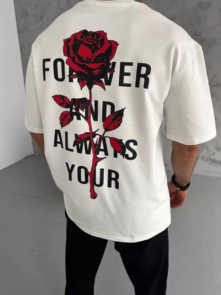 Unisex Bisiklet Yaka Baskılı Oversize T-Shirt - Beyaz (102332)
