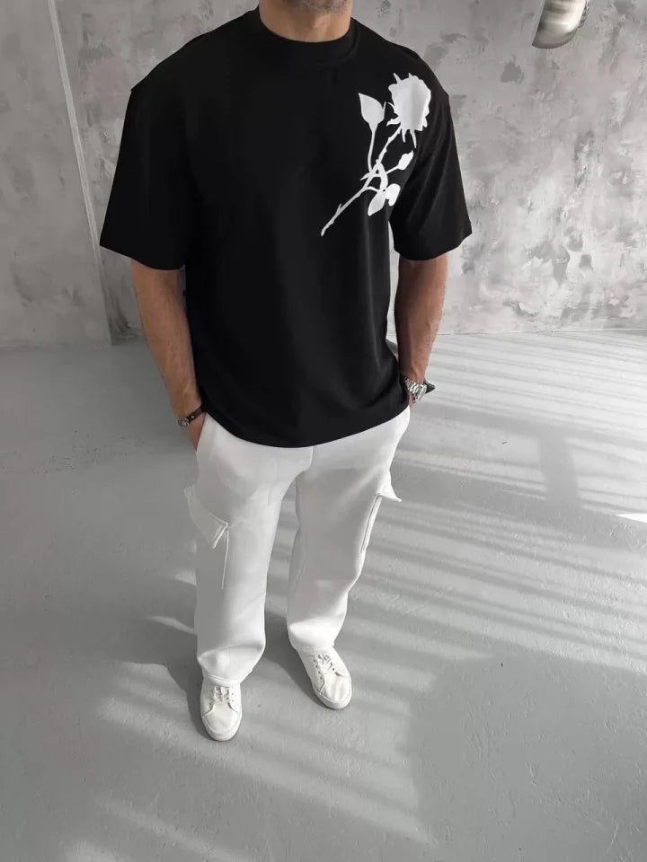 Unisex Bisiklet Yaka Baskılı Oversize T-Shirt - Siyah (102335)