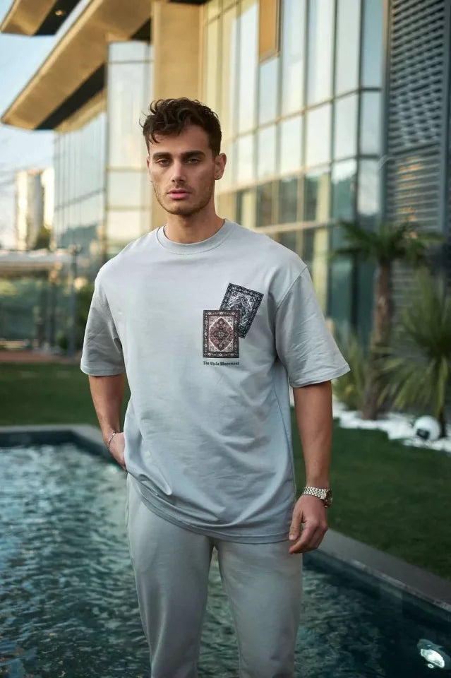 Unisex Bisiklet Yaka Baskılı Oversize T-Shirt - Boyalı Gri (102340)