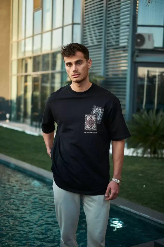 Unisex Bisiklet Yaka Baskılı Oversize T-Shirt - Siyah (102342)