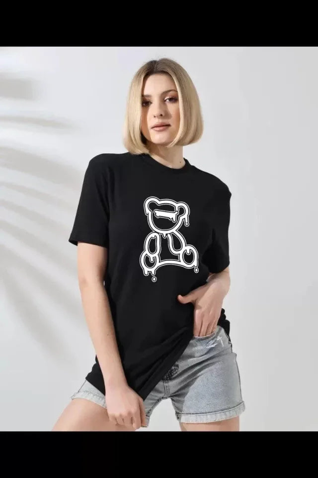 Unisex Bisiklet Yaka Baskılı T-Shirt - Siyah (102356)