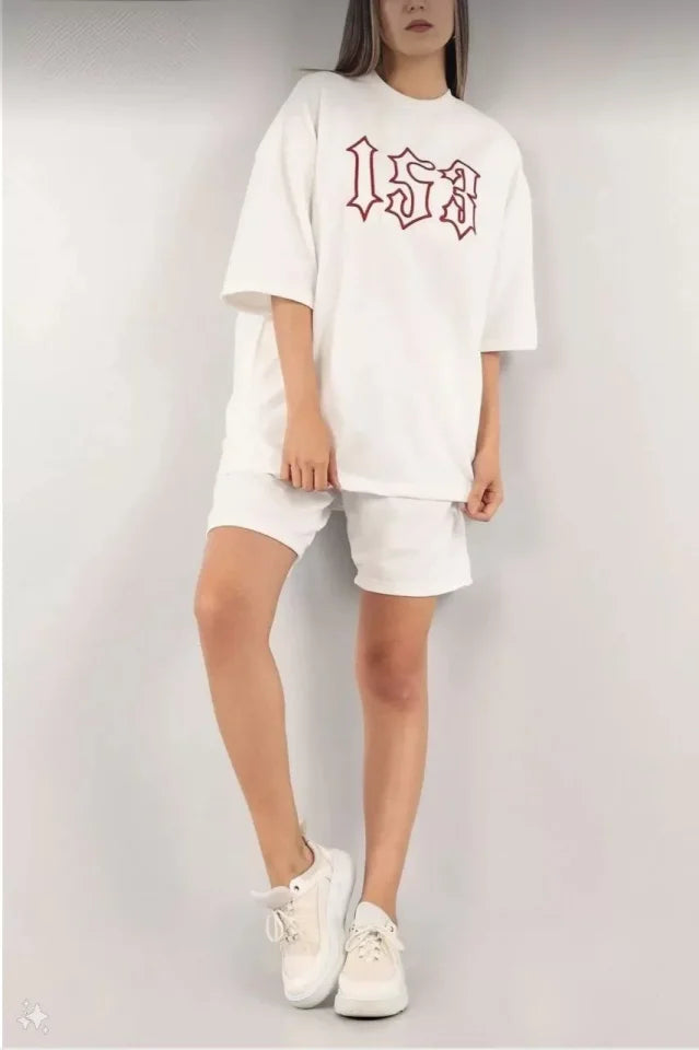 Unisex Nakış İşlemeli Şort Takım - Beyaz (102368)