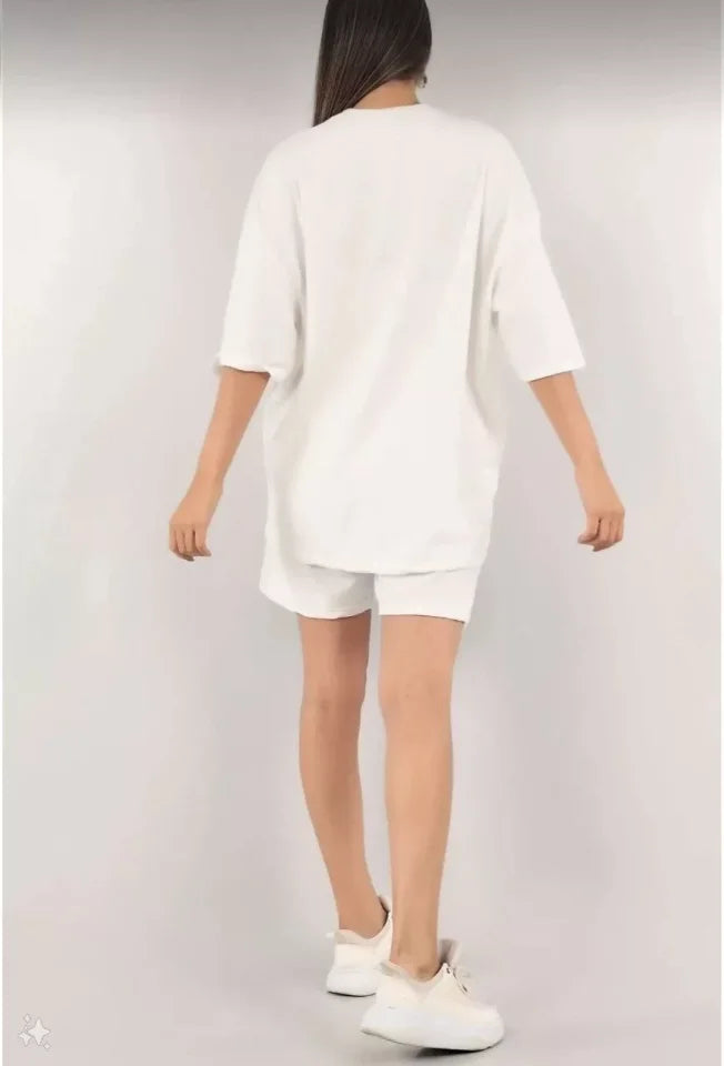 Unisex Nakış İşlemeli Şort Takım - Beyaz (102368)