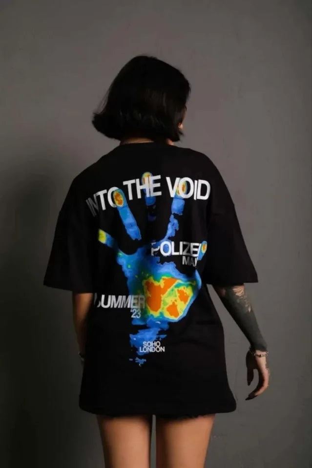 Unisex Bisiklet Yaka Baskılı Oversize T-Shirt - Siyah (102522)