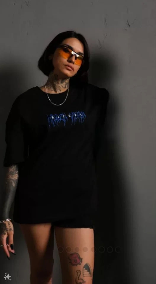 Unisex Bisiklet Yaka Baskılı Oversize T-Shirt - Siyah (102524)