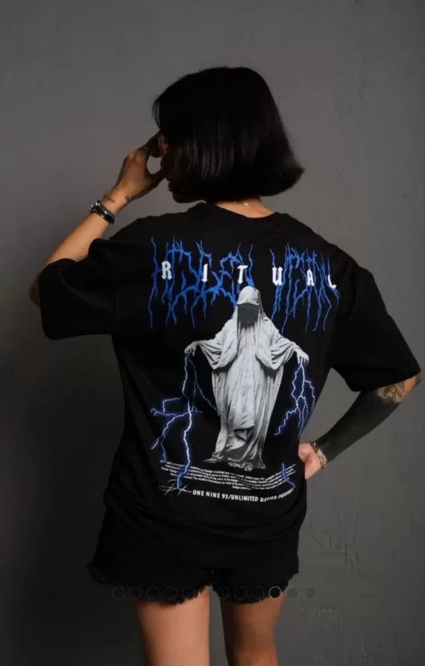 Unisex Bisiklet Yaka Baskılı Oversize T-Shirt - Siyah (102524)
