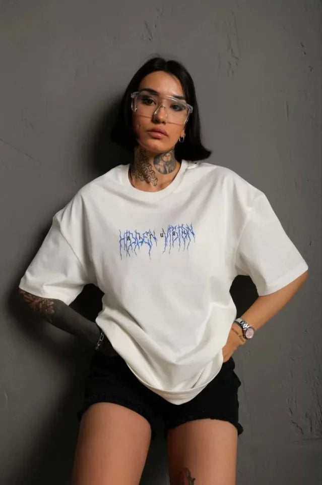 Unisex Bisiklet Yaka Baskılı Oversize T-Shirt - Beyaz (102525)