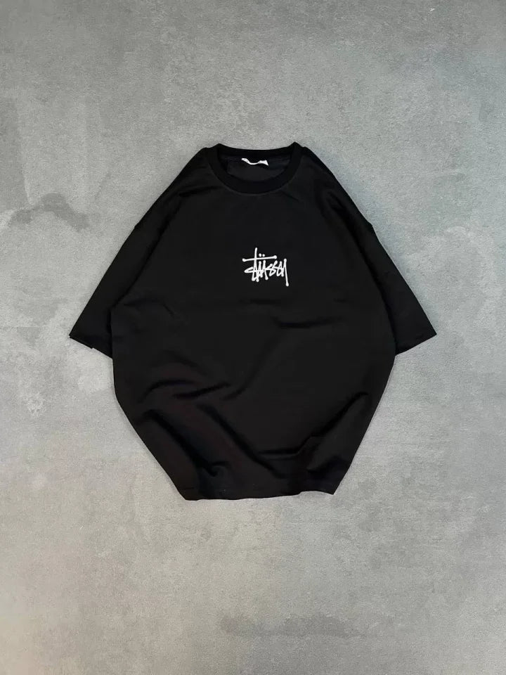 Unisex Bisiklet Yaka Baskılı Oversize T-Shirt - Siyah (102526)