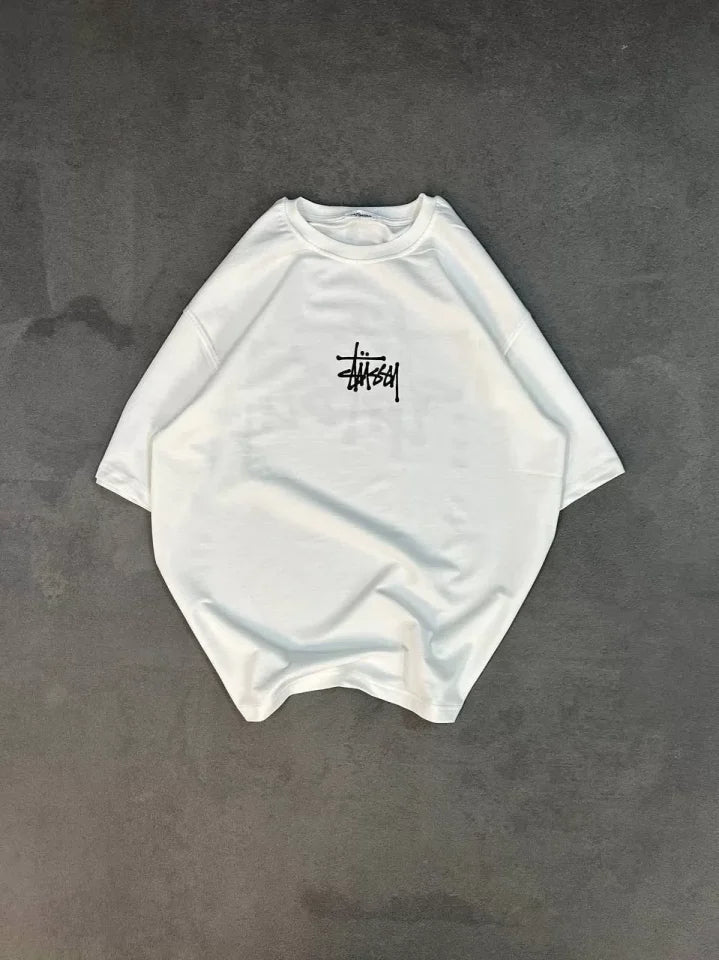 Unisex Bisiklet Yaka Baskılı Oversize T-Shirt - Beyaz (102527)