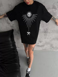 Unisex Bisiklet Yaka Baskılı Oversize T-Shirt - Siyah (102528)