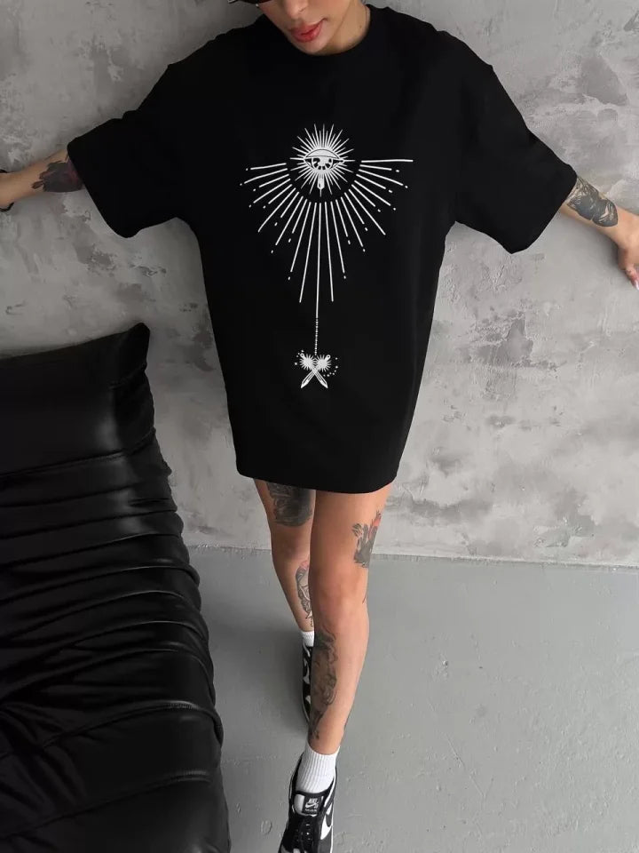 Unisex Bisiklet Yaka Baskılı Oversize T-Shirt - Siyah (102528)