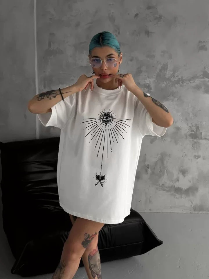 Unisex Bisiklet Yaka Baskılı Oversize T-Shirt - Beyaz (102529)