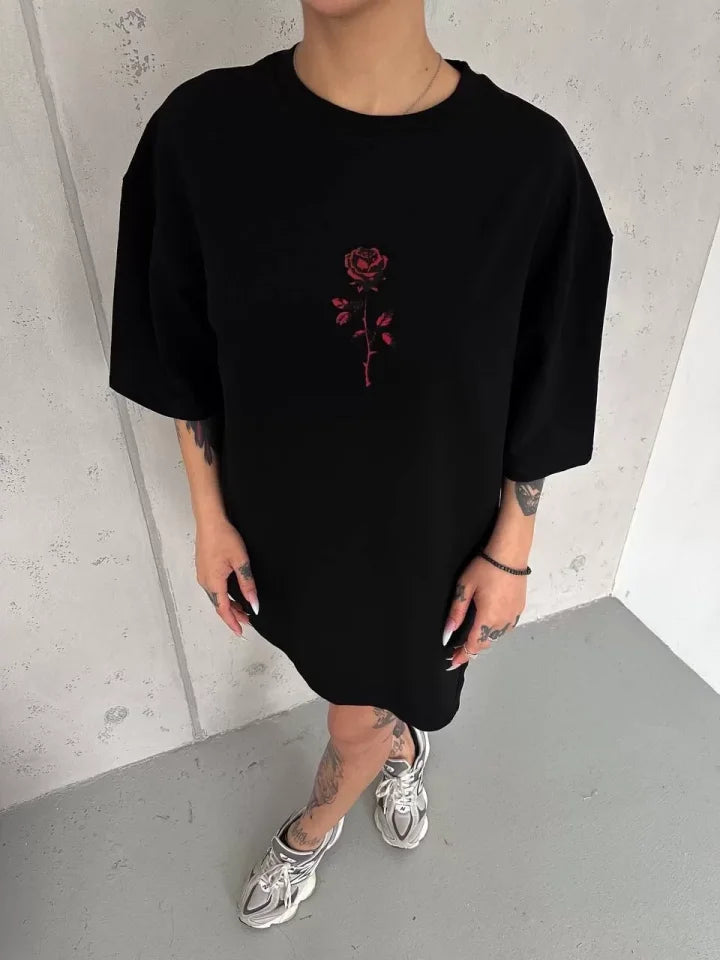 Unisex Bisiklet Yaka Baskılı Oversize T-Shirt - Siyah (102530)