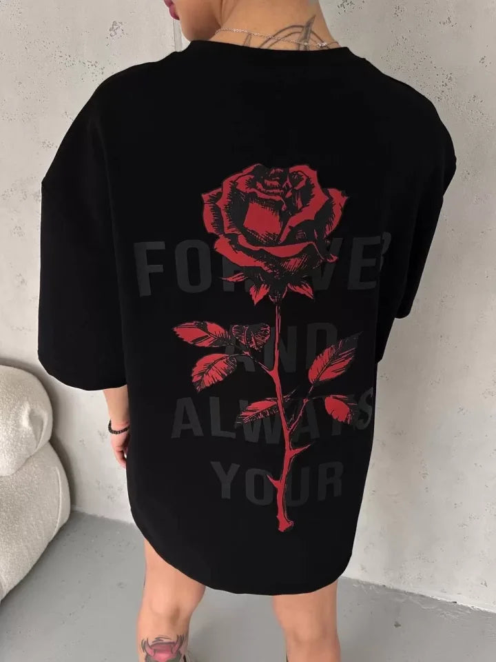 Unisex Bisiklet Yaka Baskılı Oversize T-Shirt - Siyah (102530)