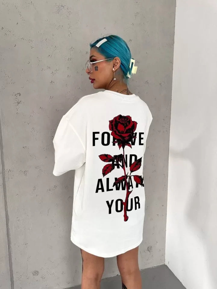 Unisex Bisiklet Yaka Baskılı Oversize T-Shirt - Beyaz (102531)
