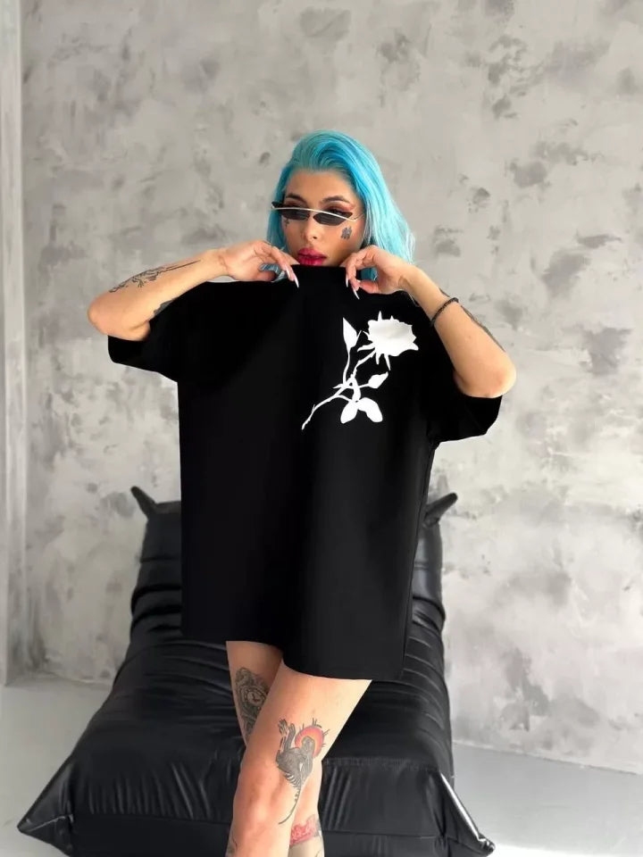 Unisex Bisiklet Yaka Baskılı Oversize T-Shirt - Siyah (102532)