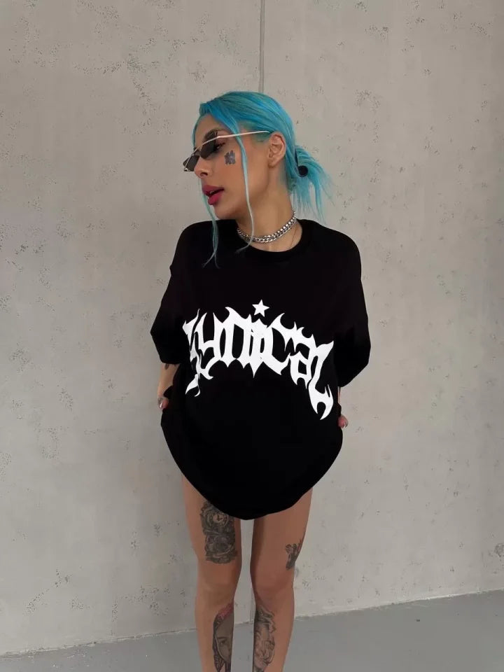 Unisex Bisiklet Yaka Baskılı Oversize T-Shirt - Siyah (102534)