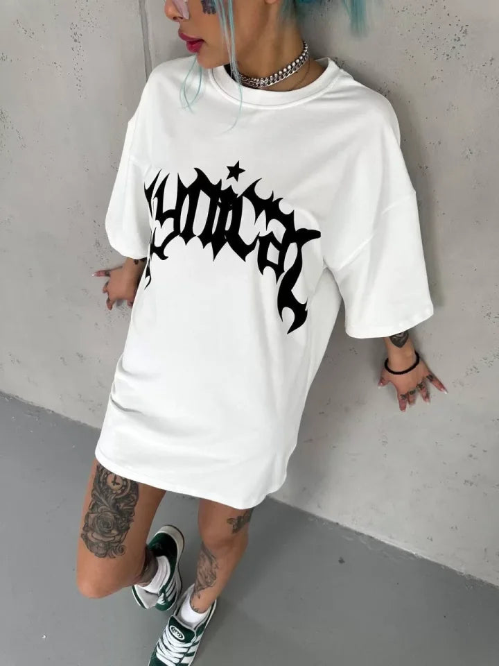Unisex Bisiklet Yaka Baskılı Oversize T-Shirt - Beyaz (102535)