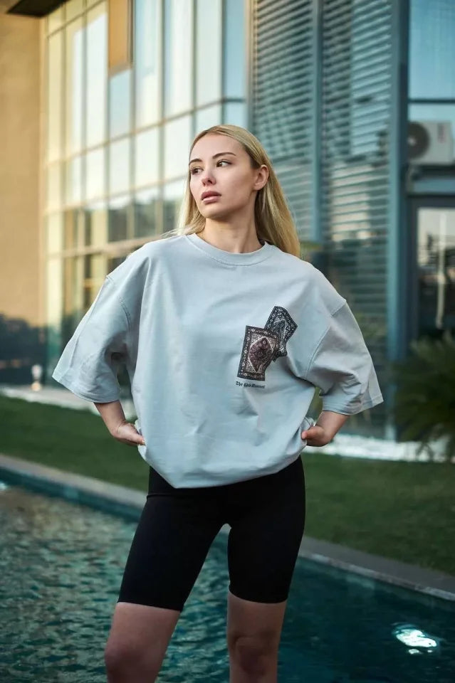 Unisex Bisiklet Yaka Baskılı Oversize T-Shirt - Boyalı Gri (102539)