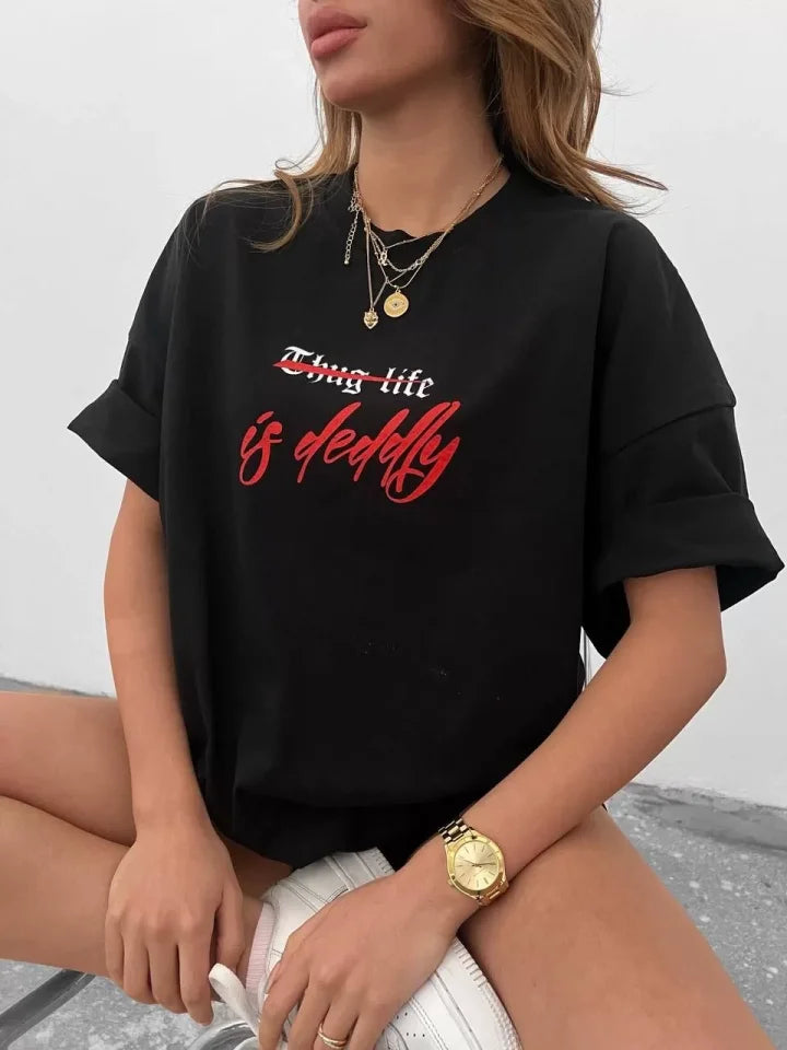 Unisex Bisiklet Yaka Baskılı Oversize T-Shirt - Siyah (102542)