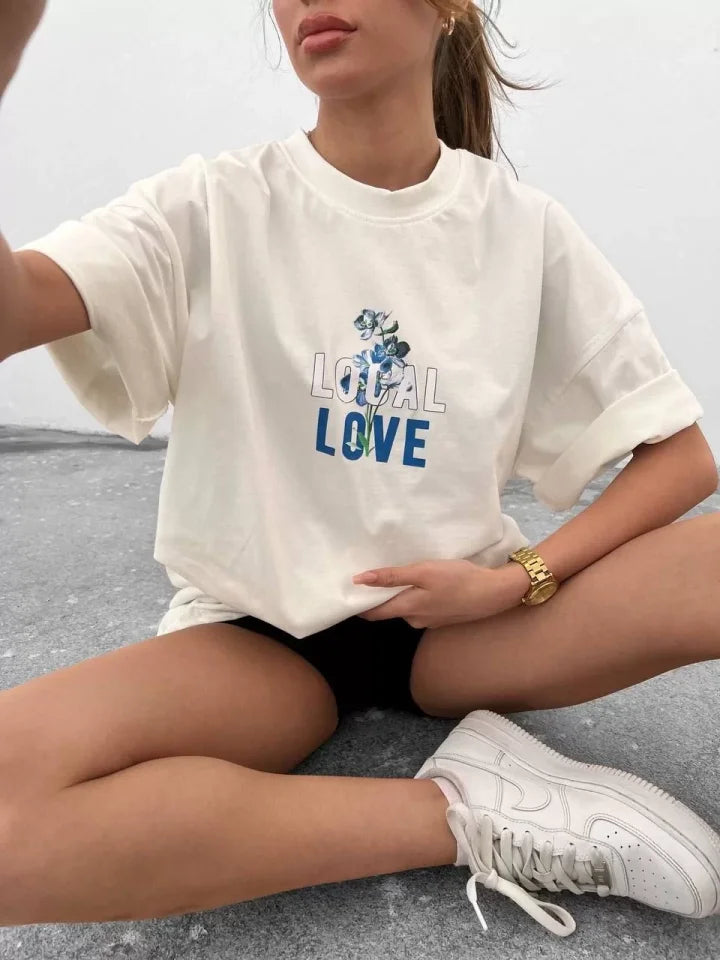Unisex Bisiklet Yaka Baskılı Oversize T-Shirt - Beyaz (102543)