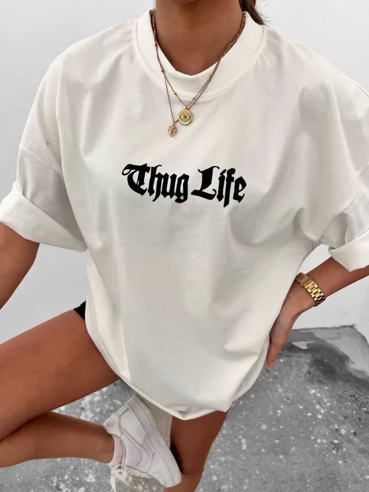 Unisex Bisiklet Yaka Baskılı Oversize T-Shirt - Beyaz (102545)