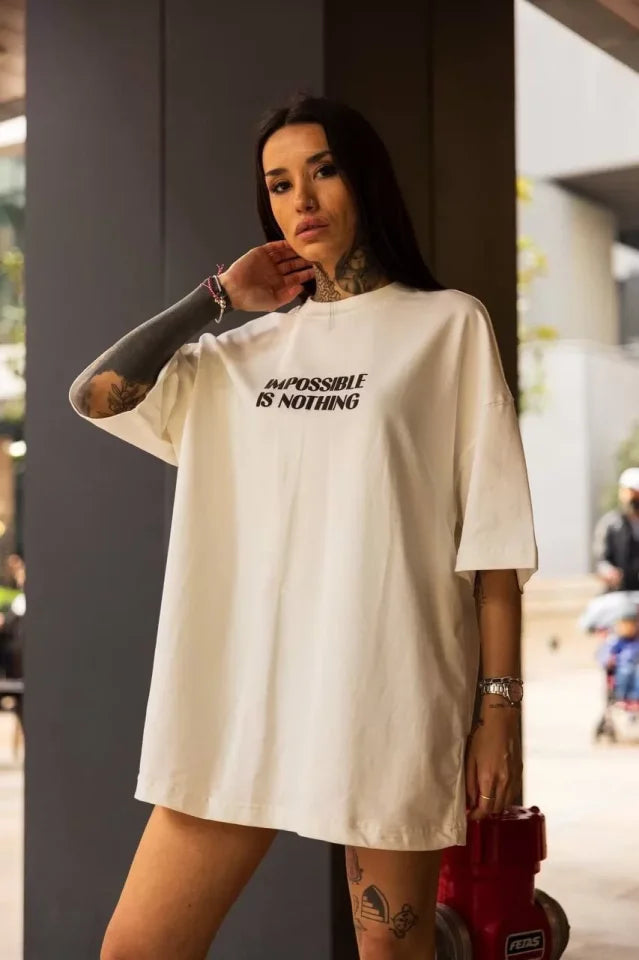 Unisex Bisiklet Yaka Baskılı Oversize T-Shirt - Beyaz (102547)