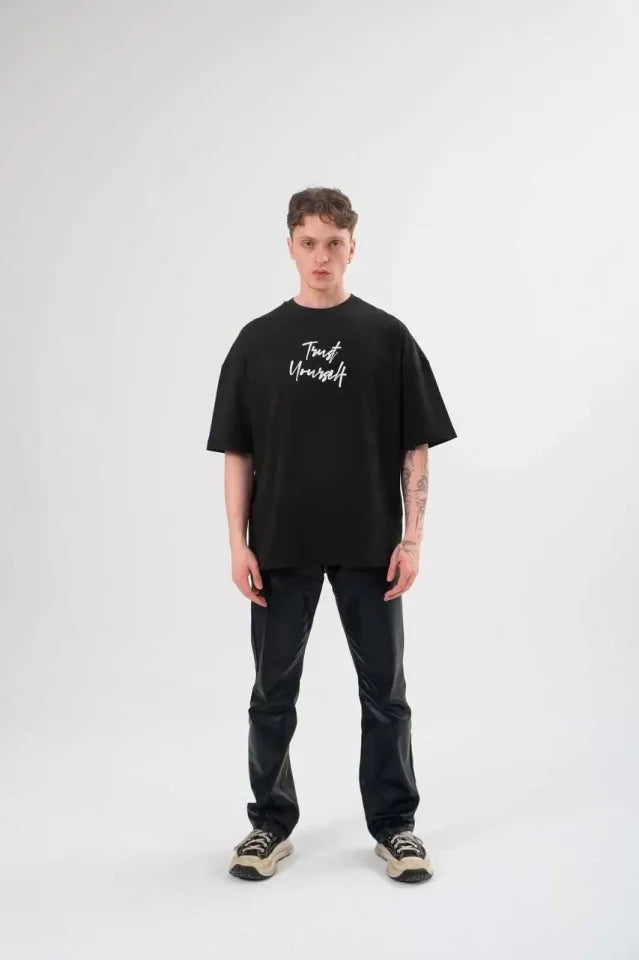 Unisex Bisiklet Yaka Baskılı Oversize T-Shirt - Siyah (102550)
