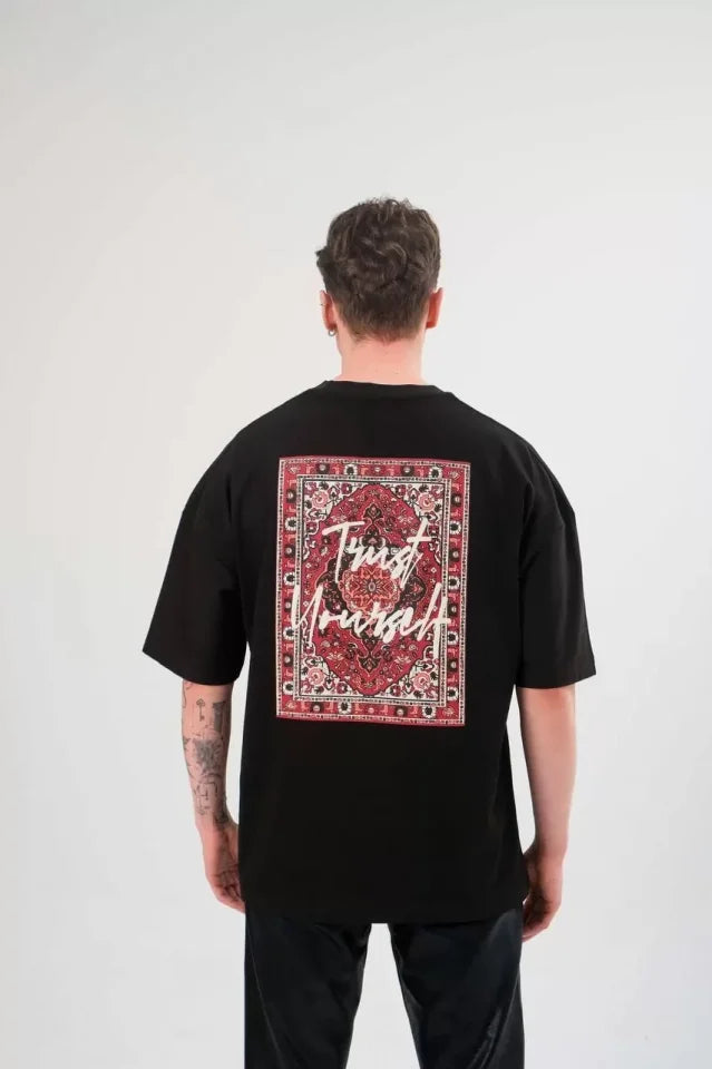 Unisex Bisiklet Yaka Baskılı Oversize T-Shirt - Siyah (102550)