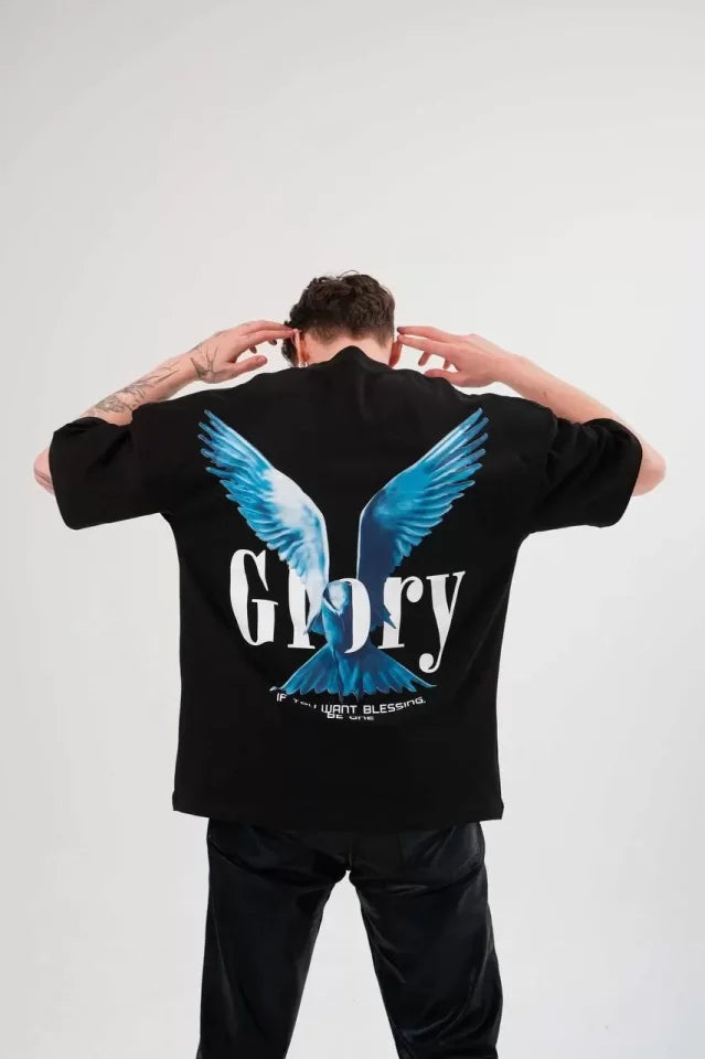 Unisex Bisiklet Yaka Baskılı Oversize T-Shirt - Siyah (102552)