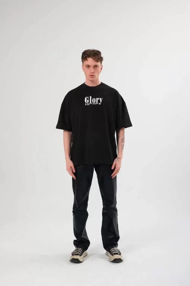 Unisex Bisiklet Yaka Baskılı Oversize T-Shirt - Siyah (102552)