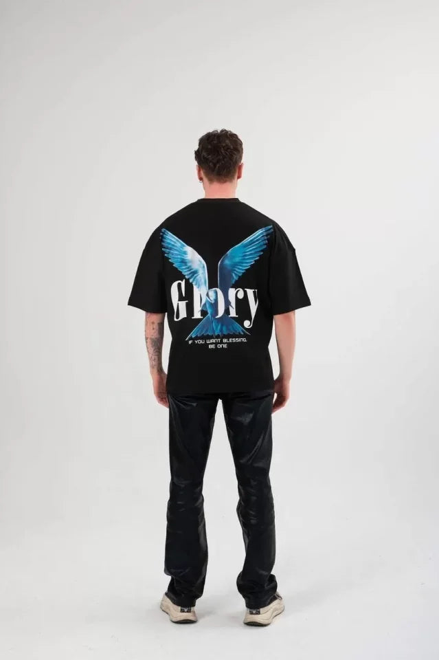 Unisex Bisiklet Yaka Baskılı Oversize T-Shirt - Siyah (102552)