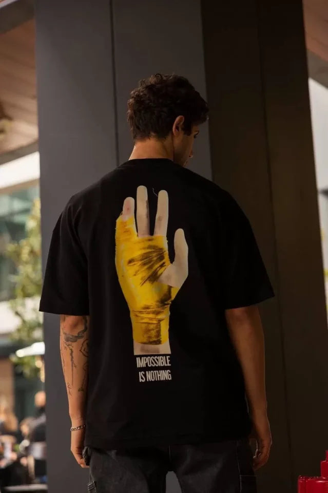 Unisex Bisiklet Yaka Baskılı Oversize T-Shirt - Siyah (102556)