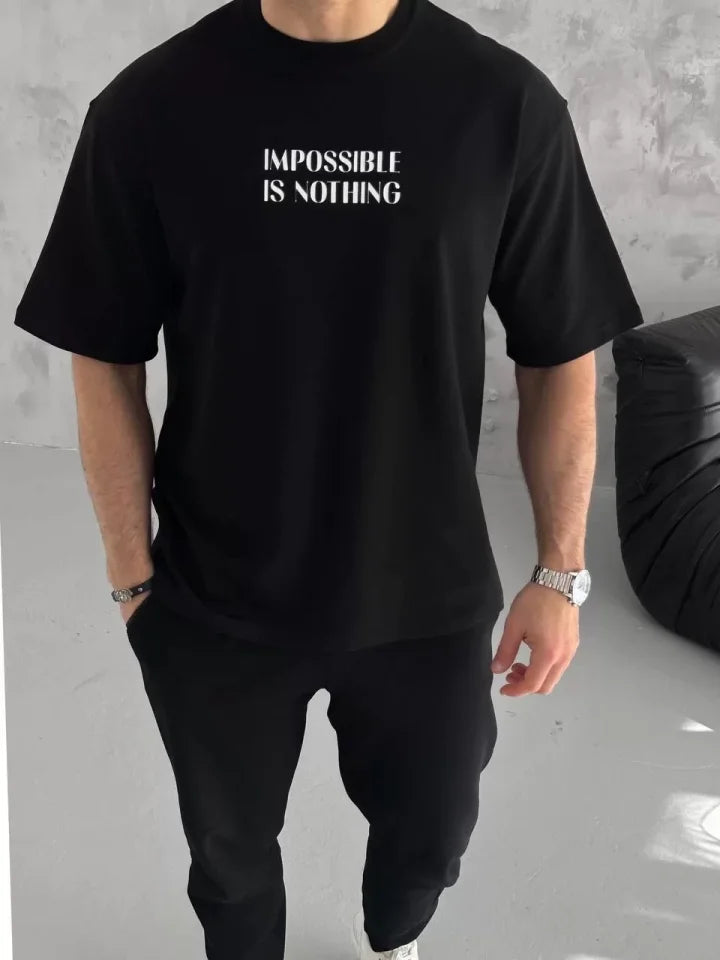 Unisex Bisiklet Yaka Baskılı Oversize T-Shirt - Siyah (102875)