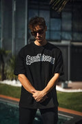 Unisex Bisiklet Yaka Baskılı Oversize T-Shirt - Siyah (102878)