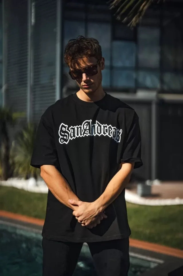 Unisex Bisiklet Yaka Baskılı Oversize T-Shirt - Siyah (102878)
