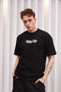 Unisex Bisiklet Yaka Baskılı Oversize T-Shirt - Siyah (102879)