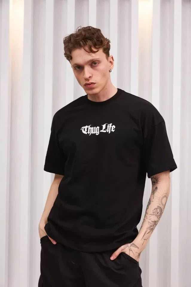 Unisex Bisiklet Yaka Baskılı Oversize T-Shirt - Siyah (102879)